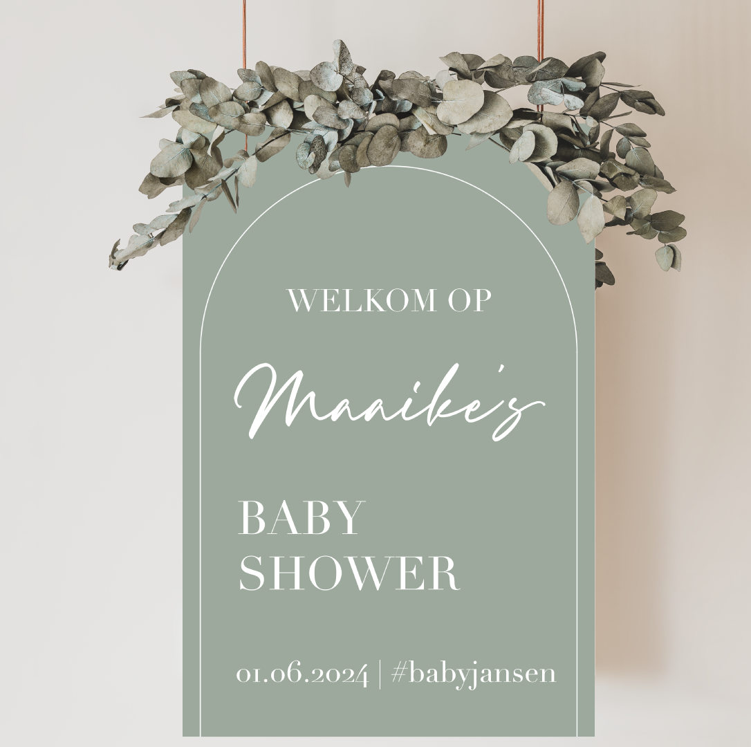 Welkomstbord Babyshower eucalyptus – gepersonaliseerd met naam – naturel stijl