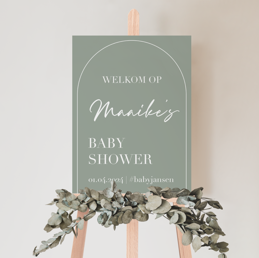 Welkomstbord Babyshower eucalyptus – gepersonaliseerd met naam – naturel stijl
