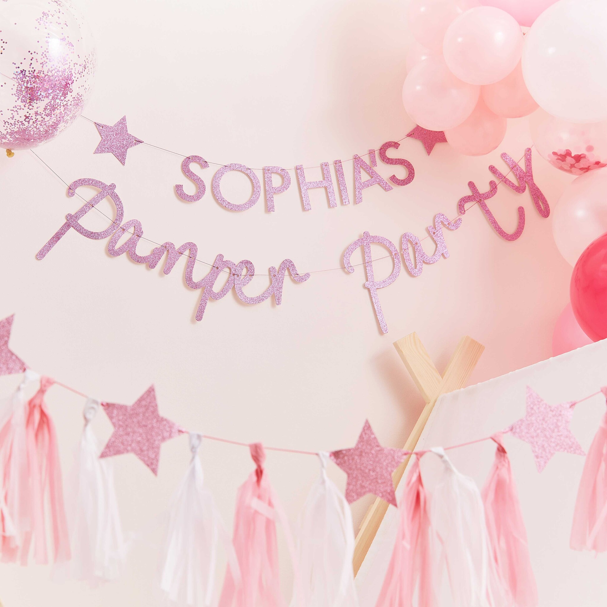 Letterslinger roze glitter Pamper Party Ginger Ray