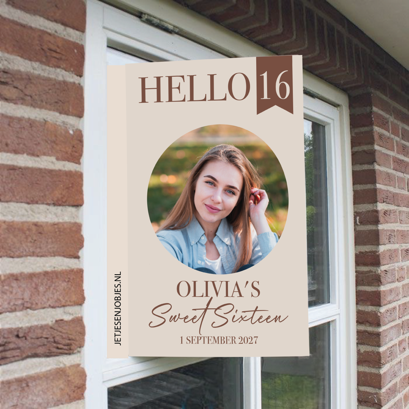 Raambord XL verjaardag Hello 16 crème