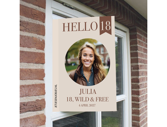 Raambord XL verjaardag Hello 18 crème