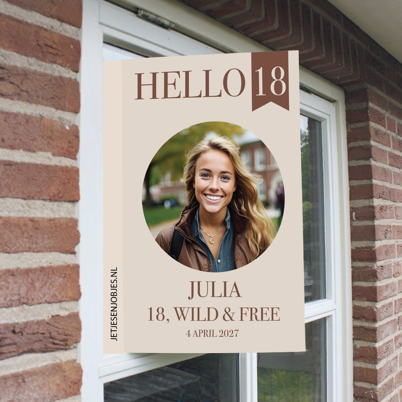 Raambord XL verjaardag Hello 18 crème