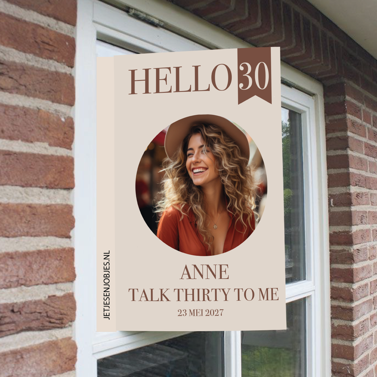 Raambord XL verjaardag Hello 30 crème