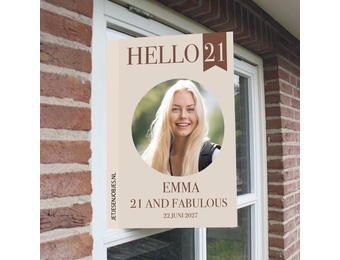 Raambord XL verjaardag Hello 21 crème