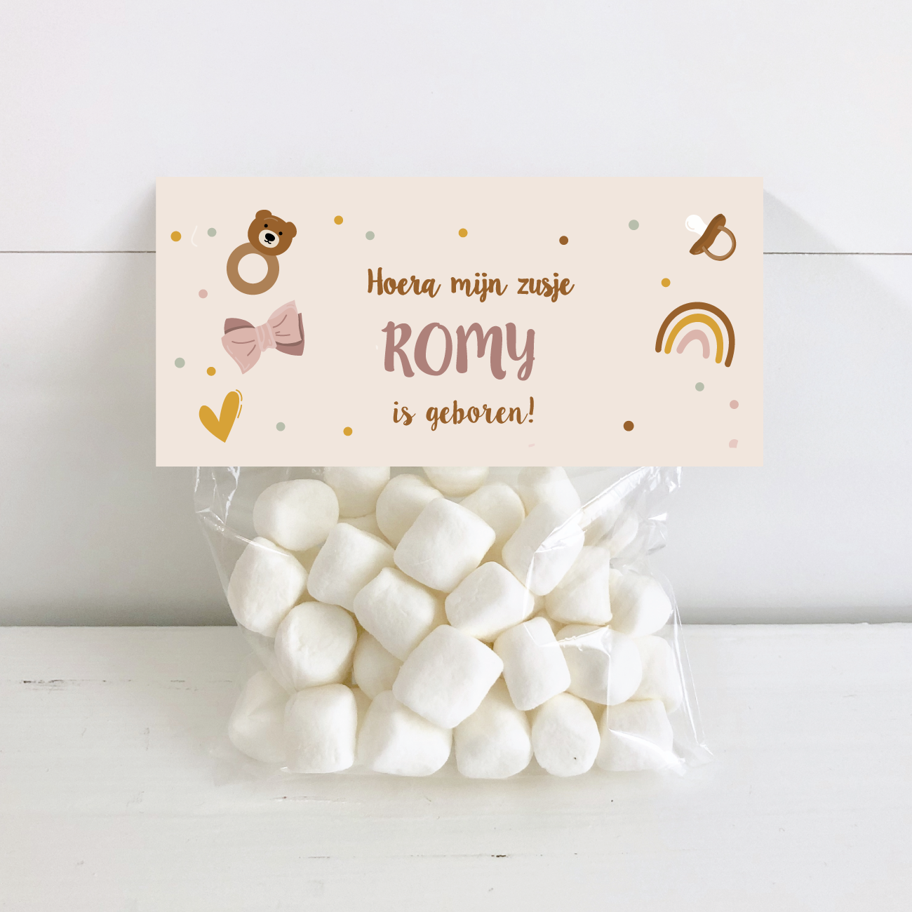 Printable snoepzak label hoera een zusje boho