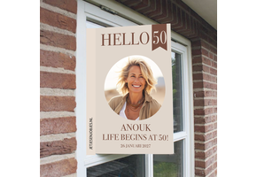 Raambord 50 jaar Sarah of Abraham – Hello 50 crème – gepersonaliseerd met naam XL