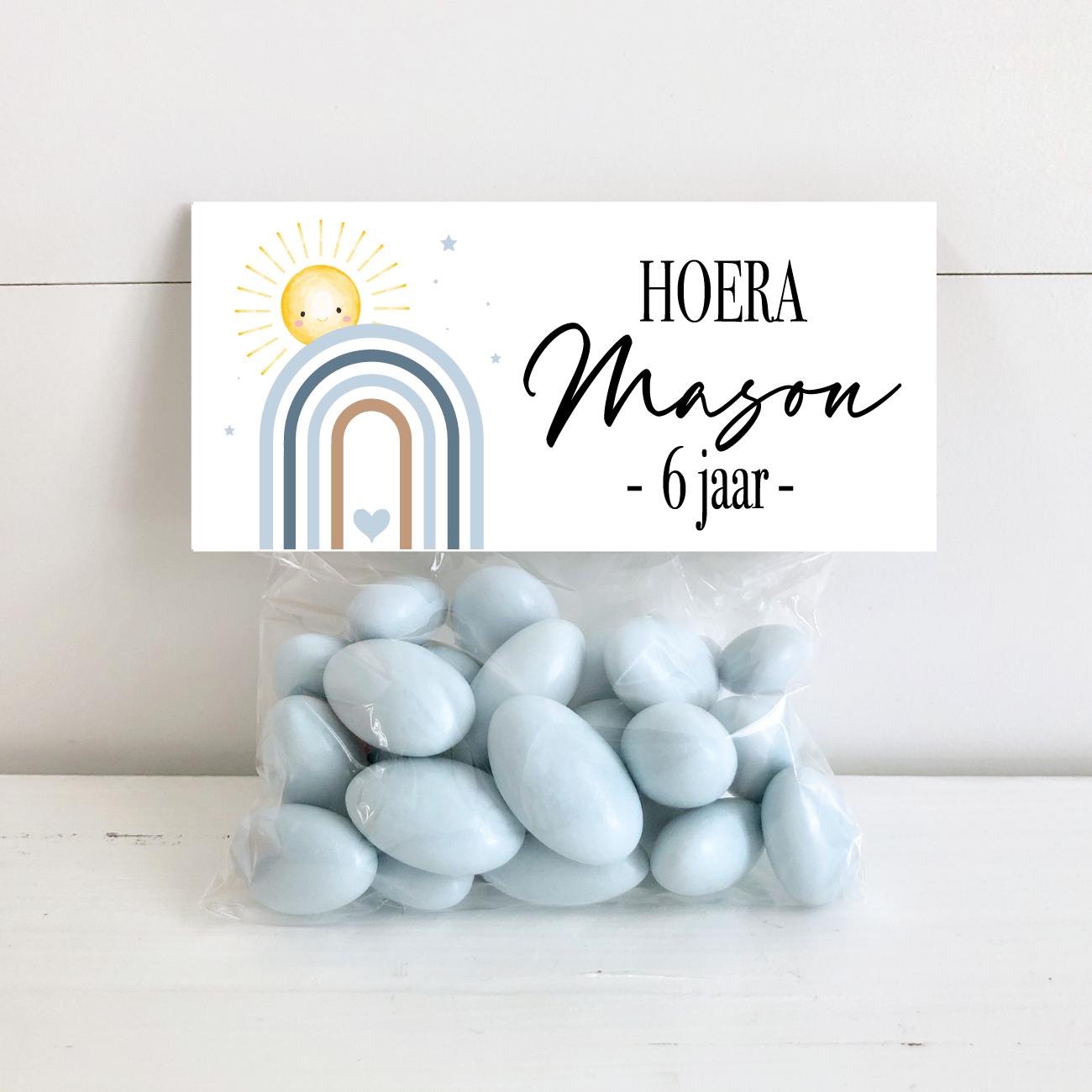 Printable snoepzak label Regenboog blauw