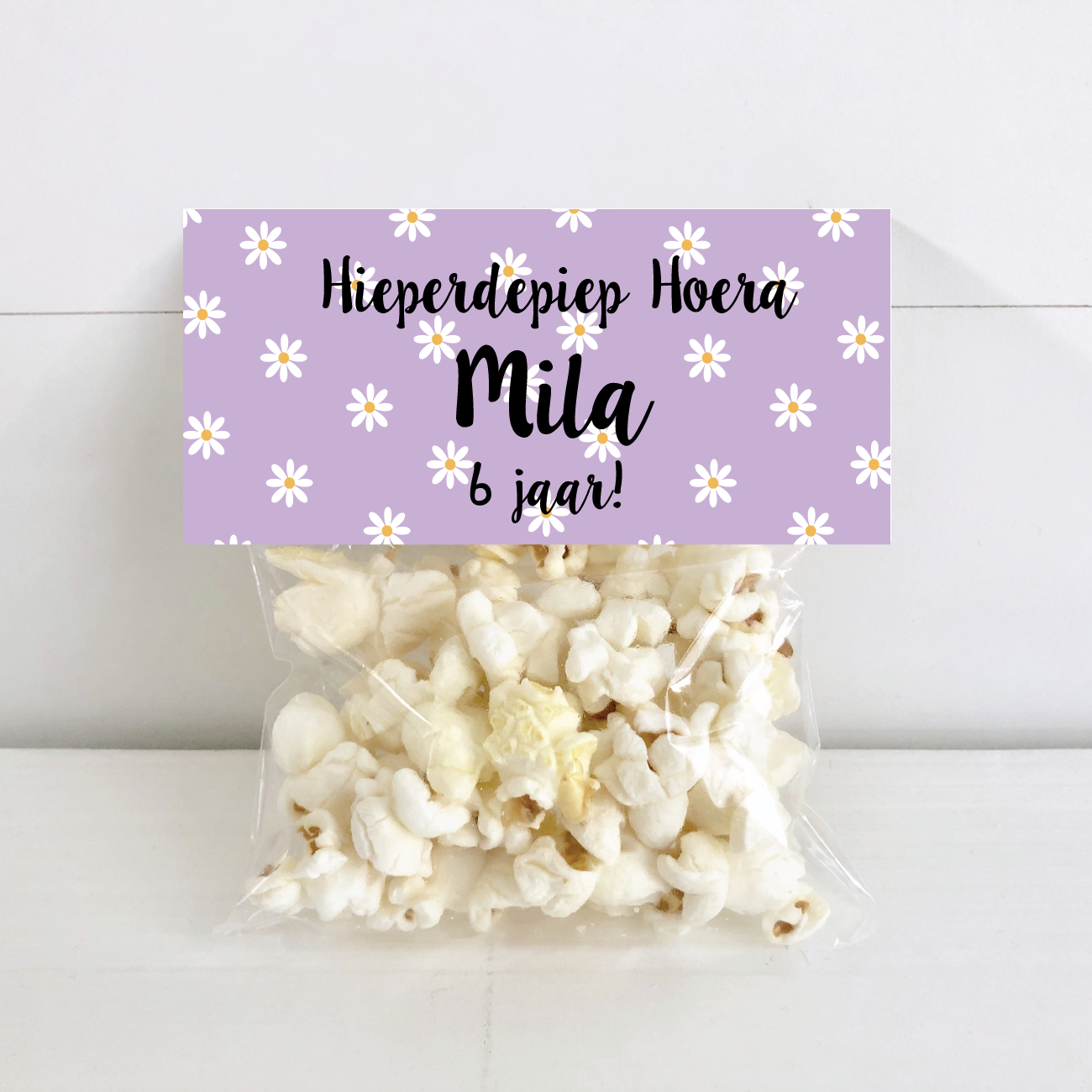 Printable snoepzak label madelief lila