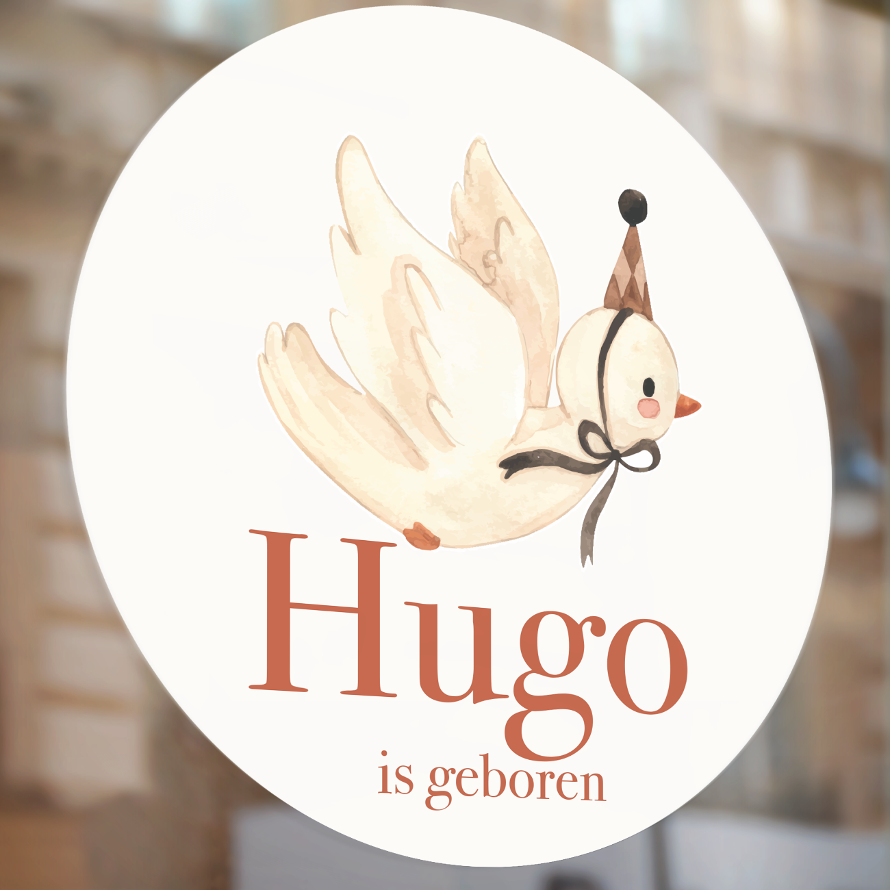 Raamsticker geboorte vogel met hoedje