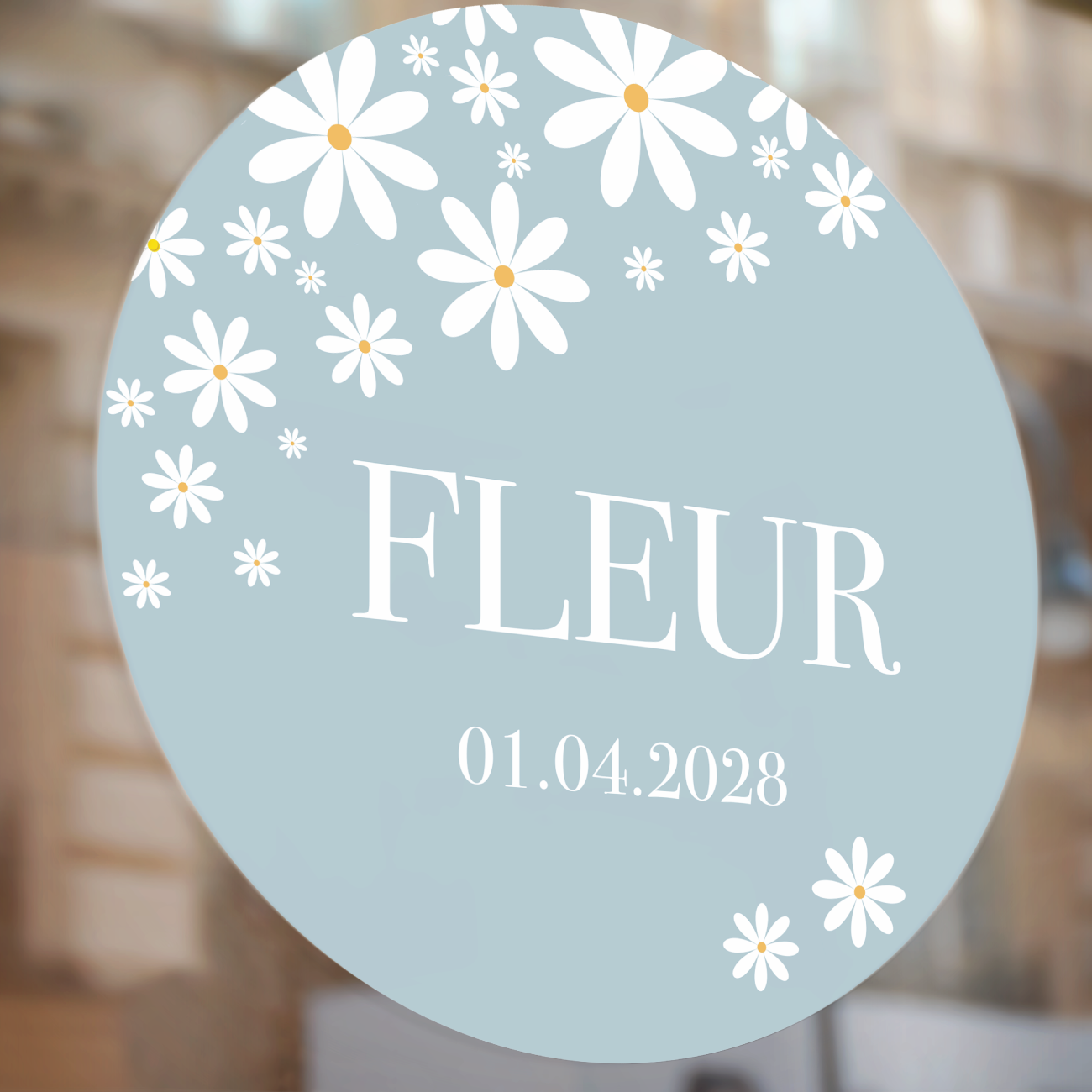 Geboorte raamsticker met naam Daisy Blue, ronde statische raamsticker met madeliefjes in blauw, gepersonaliseerd