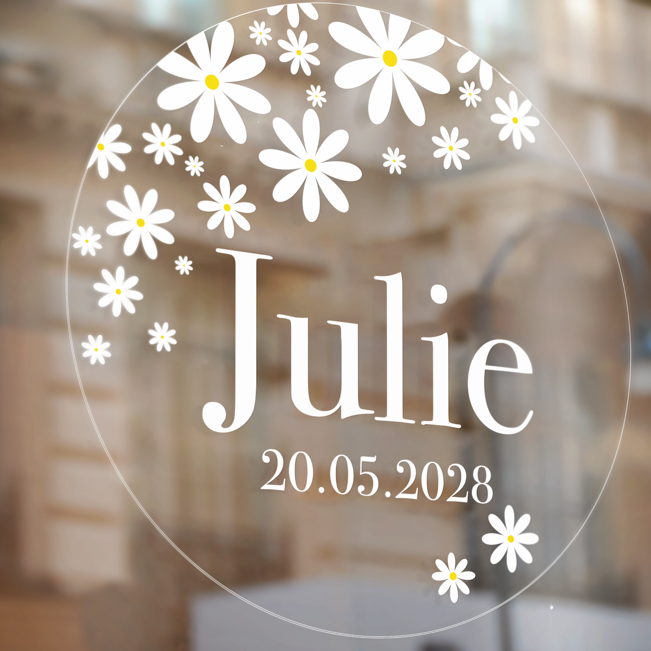 Geboorte raamsticker met naam Ditsy Daisy, transparante statische raamsticker met madeliefjes, gepersonaliseerd