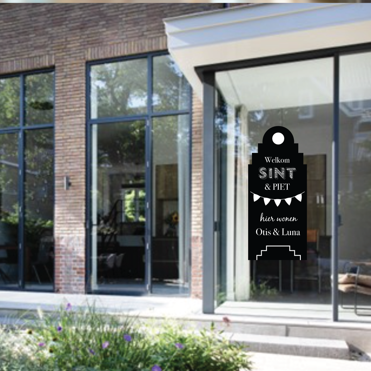 Sinterklaas raamsticker grachtenpand met naam (herbruikbaar)