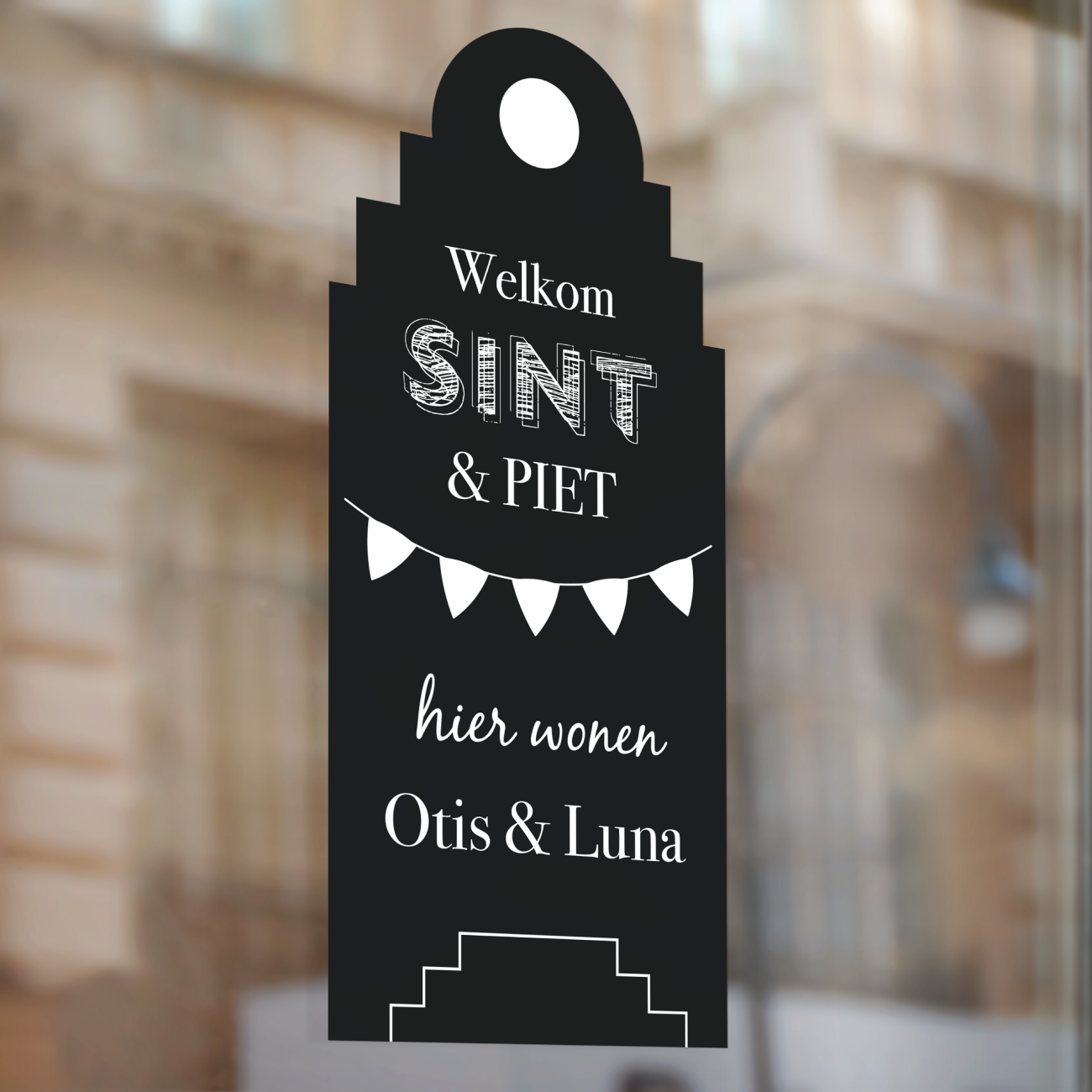 Sinterklaas raamsticker grachtenpand met naam (herbruikbaar)