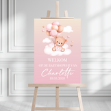 Welkomstbord Babyshower met naam – Beer ballonnen roze