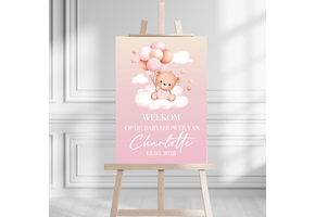 Welkomstbord Babyshower met naam – Beer ballonnen roze