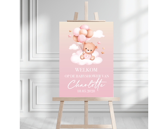 Welkomstbord Babyshower Beer met ballonnen roze