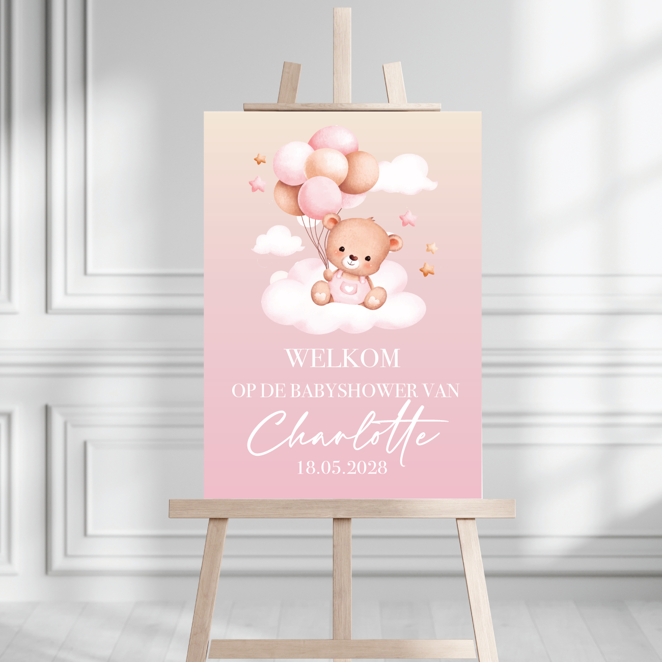 Welkomstbord Babyshower Beer met ballonnen roze