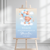 Welkomstbord Babyshower met naam – Beer ballonnen blauw – gepersonaliseerd jongen