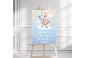 Welkomstbord Babyshower met naam – Beer ballonnen blauw – gepersonaliseerd jongen