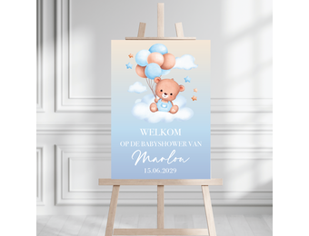 Welkomstbord Babyshower Beer met ballonnen blauw