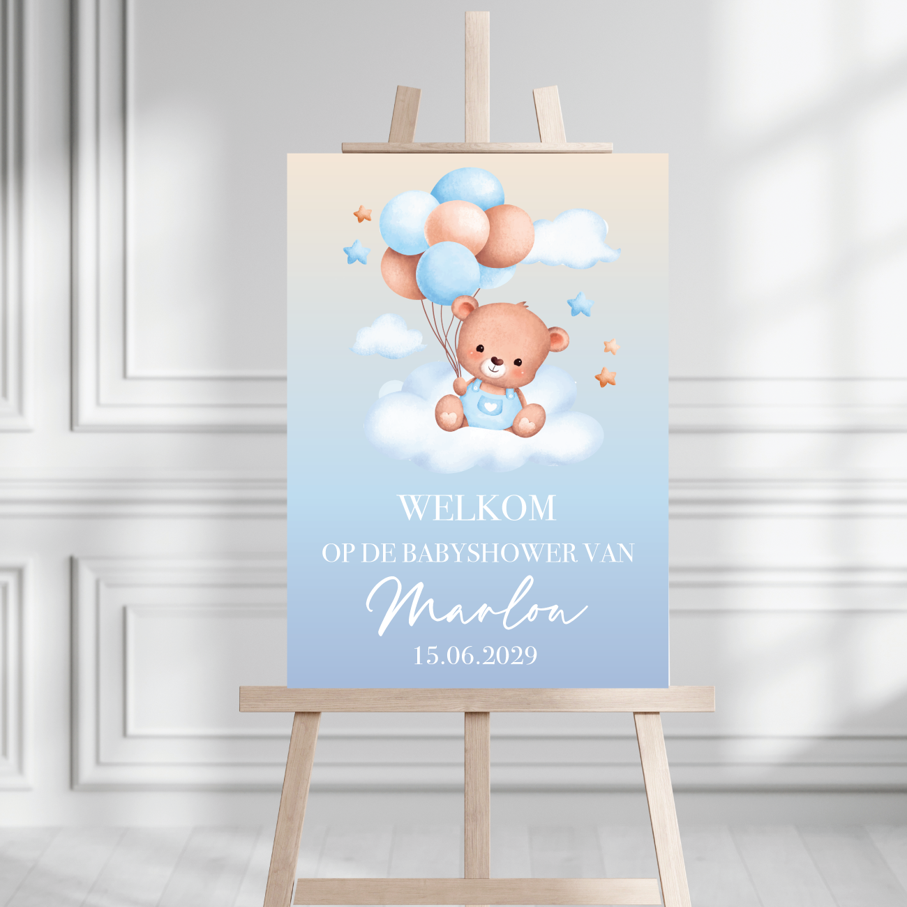 Welkomstbord Babyshower Beer met ballonnen blauw