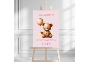 Welkomstbord Babyshower Beer roze – gepersonaliseerd met naam – meisje