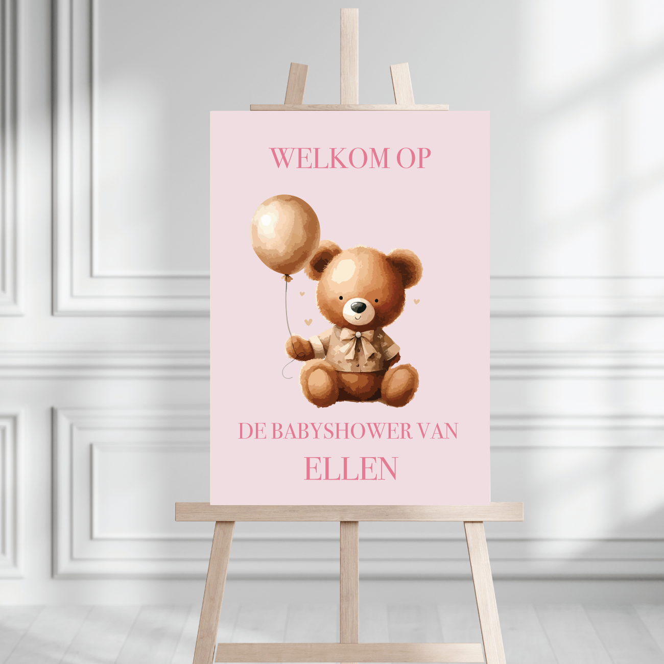 Welkomstbord Babyshower Beer roze – gepersonaliseerd met naam – meisje