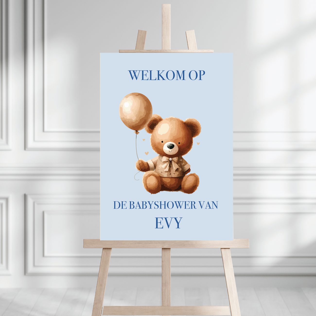 Welkomstbord Babyshower Beer blauw – gepersonaliseerd met naam – jongen