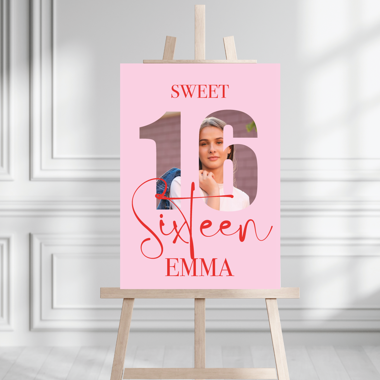 Welkomstbord Sweet 16 cijfers roze met foto