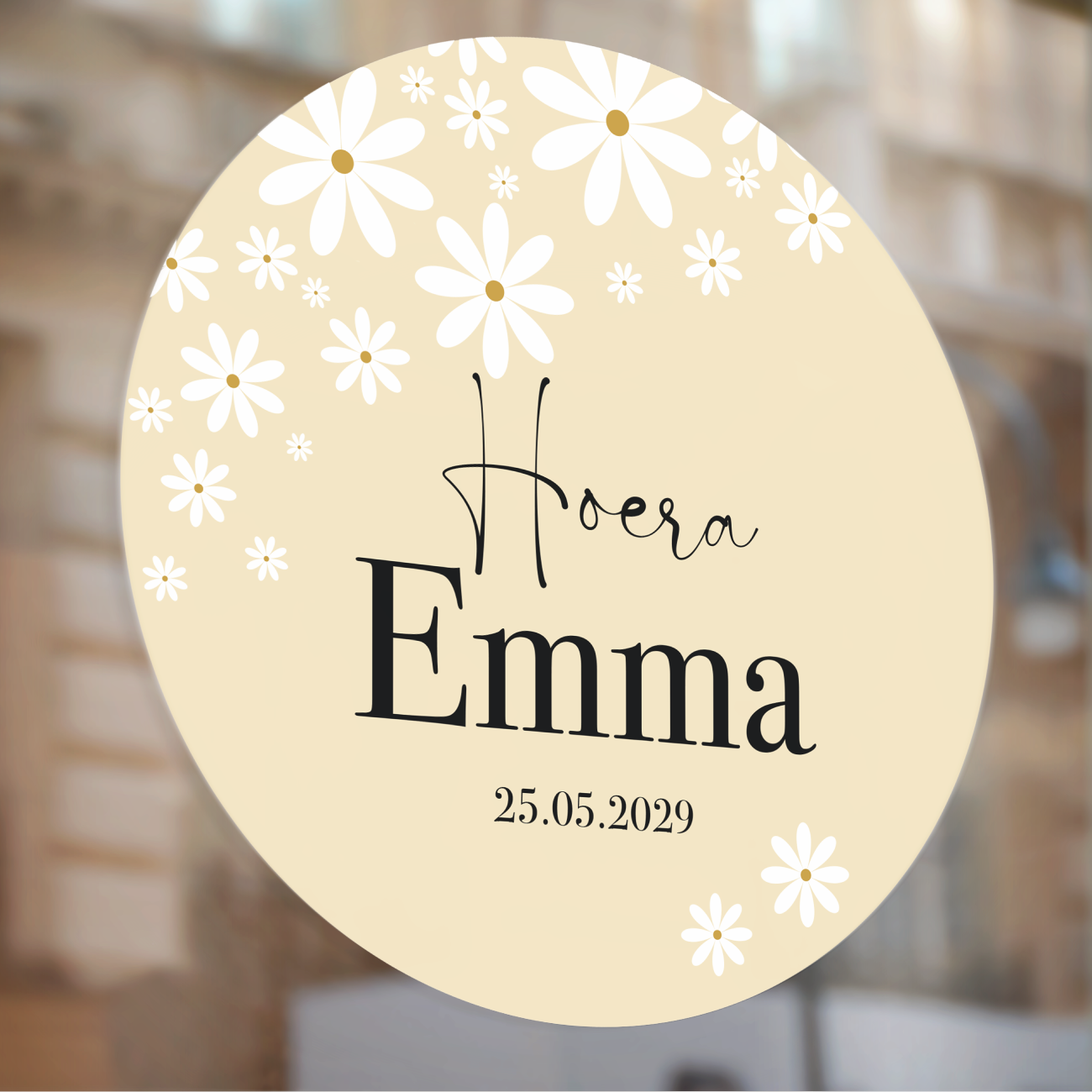 Geboorte raamsticker met naam Daisy, statische raamsticker met madeliefjes, gepersonaliseerd