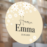 Geboorte raamsticker met naam Daisy, statische raamsticker met madeliefjes, gepersonaliseerd