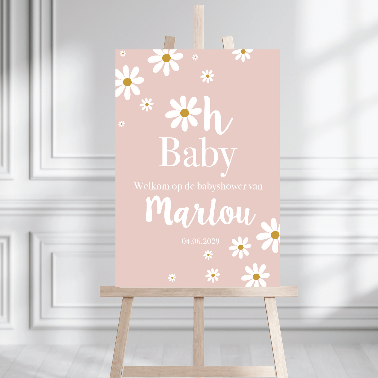 Welkomstbord Babyshower meisje – Oh Baby Daisy Blush – gepersonaliseerd met naam