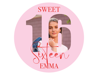 Etiket rond Sweet Sixteen met foto roze (5st)