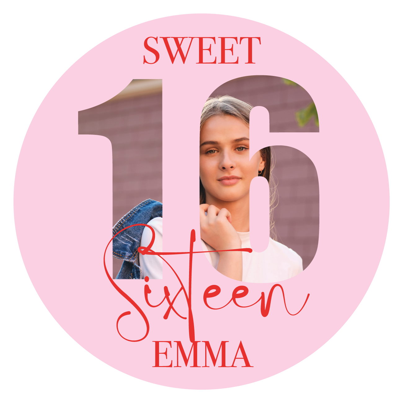 Etiket rond Sweet Sixteen met foto roze (5st)