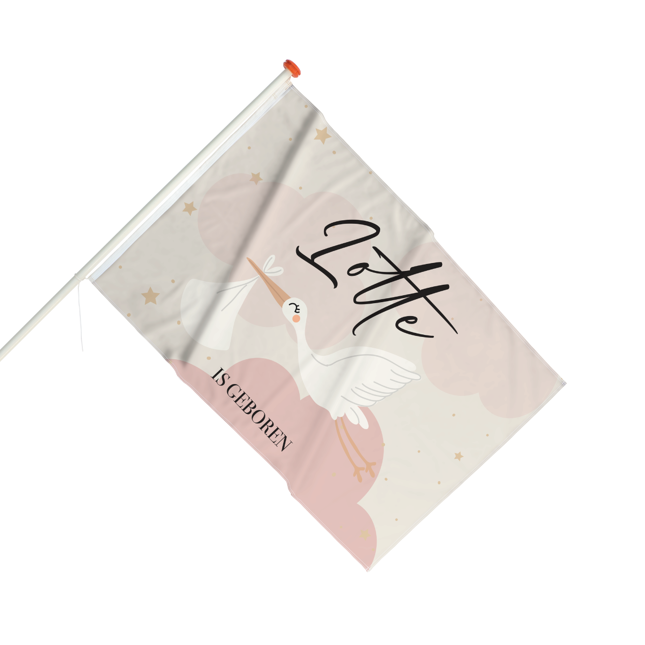 Geboortevlag Ooievaar Roze met naam