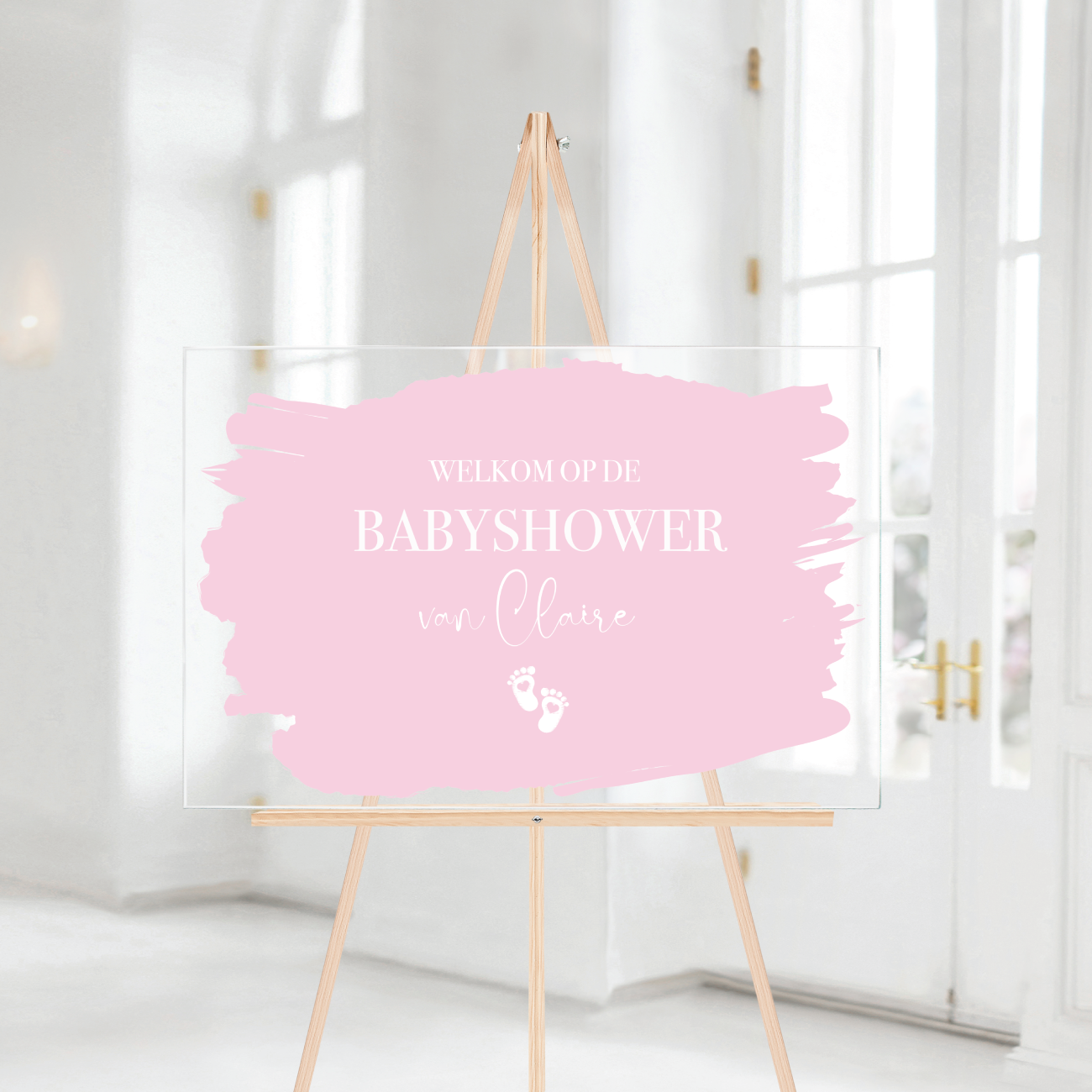 Welkomstbord Babyshower Acryl verfstrepen roze
