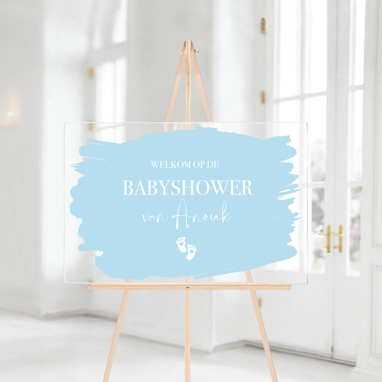 Welkomstbord Babyshower Acryl verfstrepen blauw