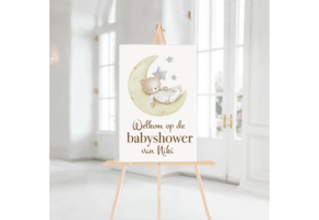 Welkomstbord Babyshower Maan met Beer – gepersonaliseerd met naam