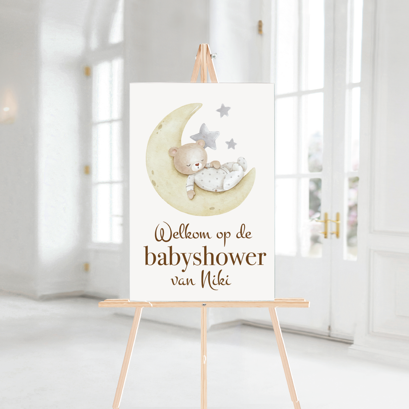 Welkomstbord Babyshower Maan met Beer – gepersonaliseerd met naam