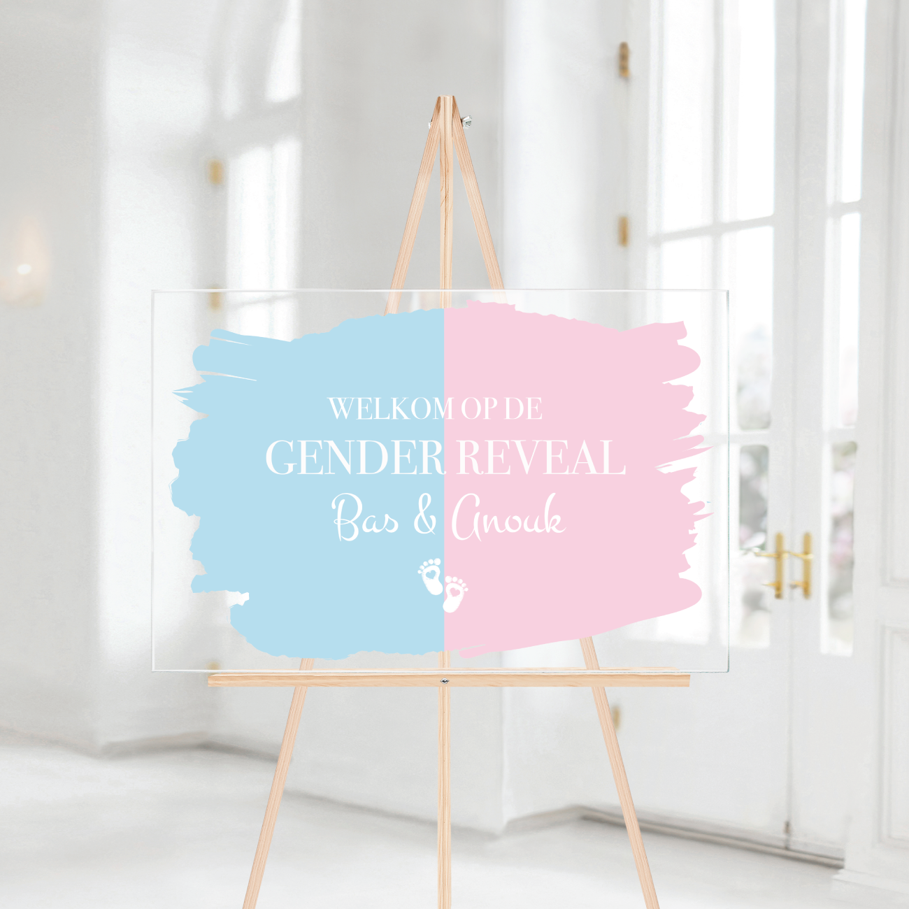 Welkomstbord Babyshower Acryl – Gender Reveal – gepersonaliseerd met naam