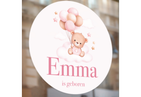 Geboorte raamsticker Beer met Ballonnen roze met naam