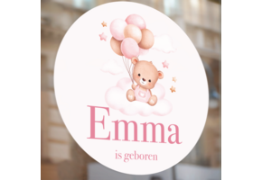 Raamsticker geboorte Beer met Ballonnen Roze