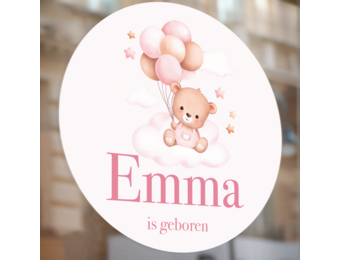 Raamsticker geboorte Beer met Ballonnen Roze
