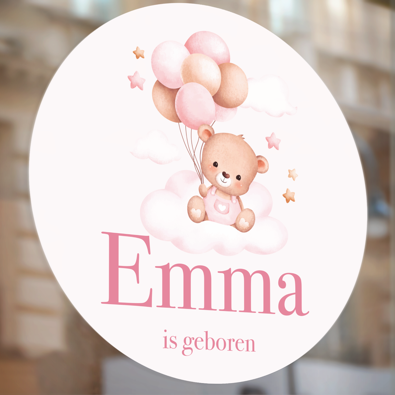 Raamsticker geboorte Beer met Ballonnen Roze