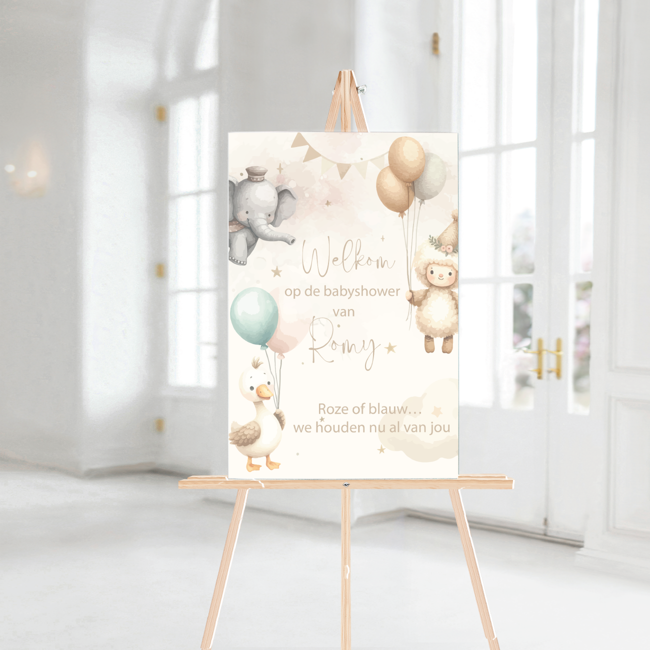 Welkomstbord Babyshower Pluche knuffels – gepersonaliseerd met naam – lief cadeau
