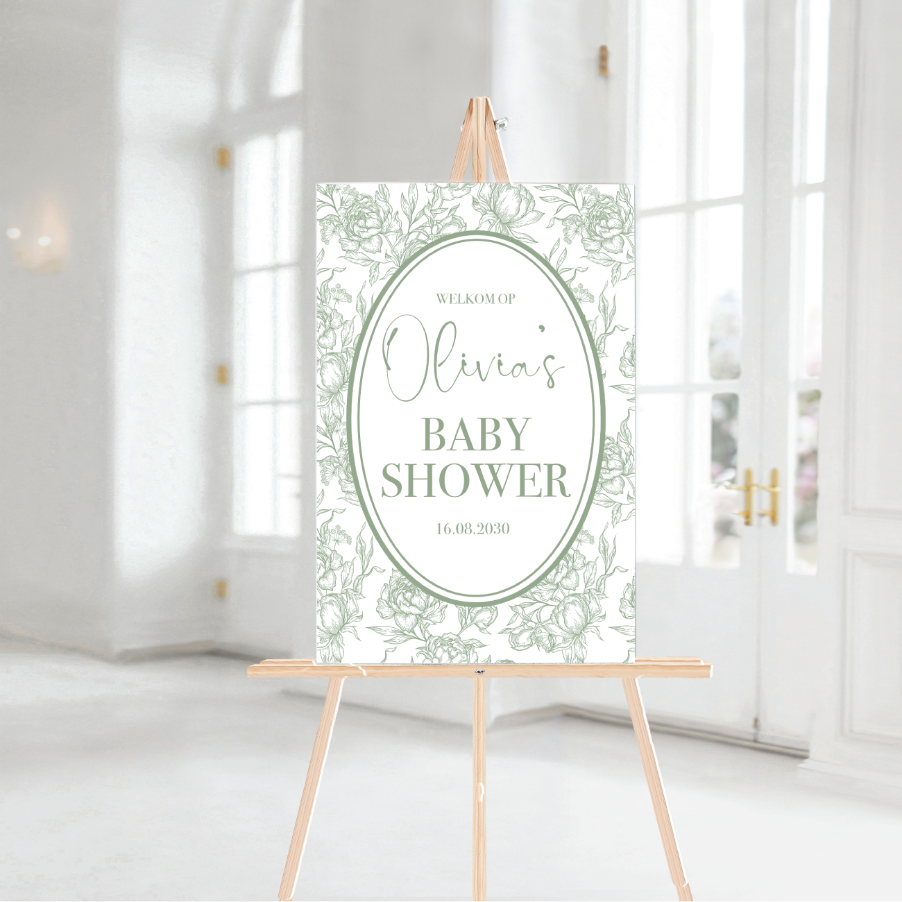 Welkomstbord Babyshower Elegant salie groen – gepersonaliseerd met naam – neutraal