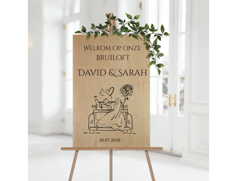 Welkomstbord Bruiloft Hout Trouwauto
