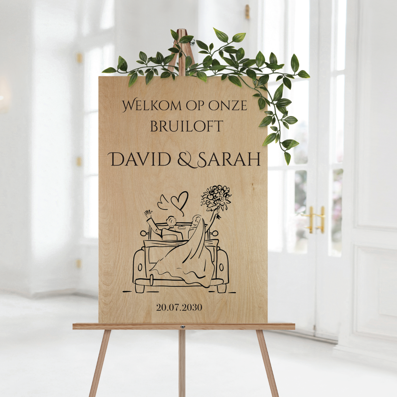 Welkomstbord Bruiloft Hout Trouwauto