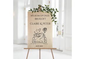 Welkomstbord Bruiloft Hout Trouwauto
