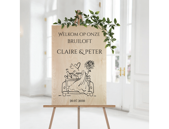 Welkomstbord Bruiloft Hout Trouwauto